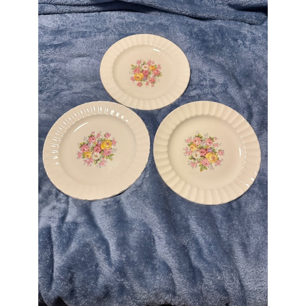 Edwin M Knowles Vintage Floral Rose Plates Set of 3 Semi Vitreous Scalloped Rim